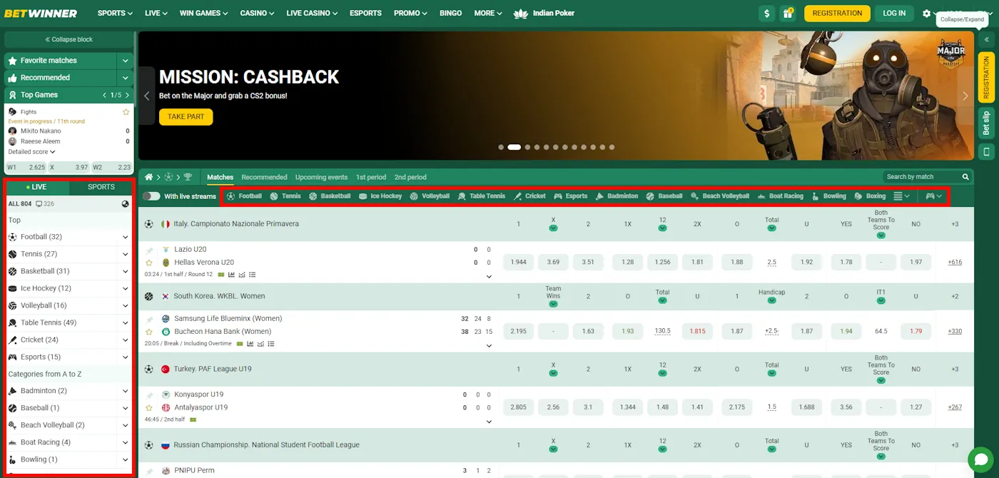 Betwinner Sports betting markets Screenshot